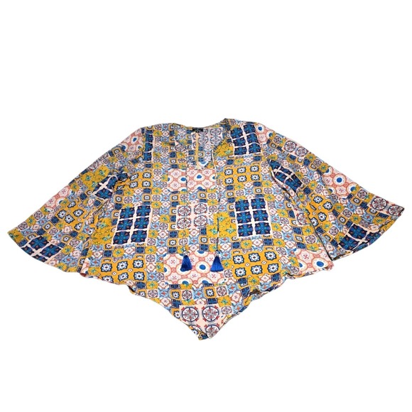 Tolani x Nicky Hilton 100% Silk Salerno Tassel Boho Tunic Blouse Blue & Yellow M - Picture 5 of 8